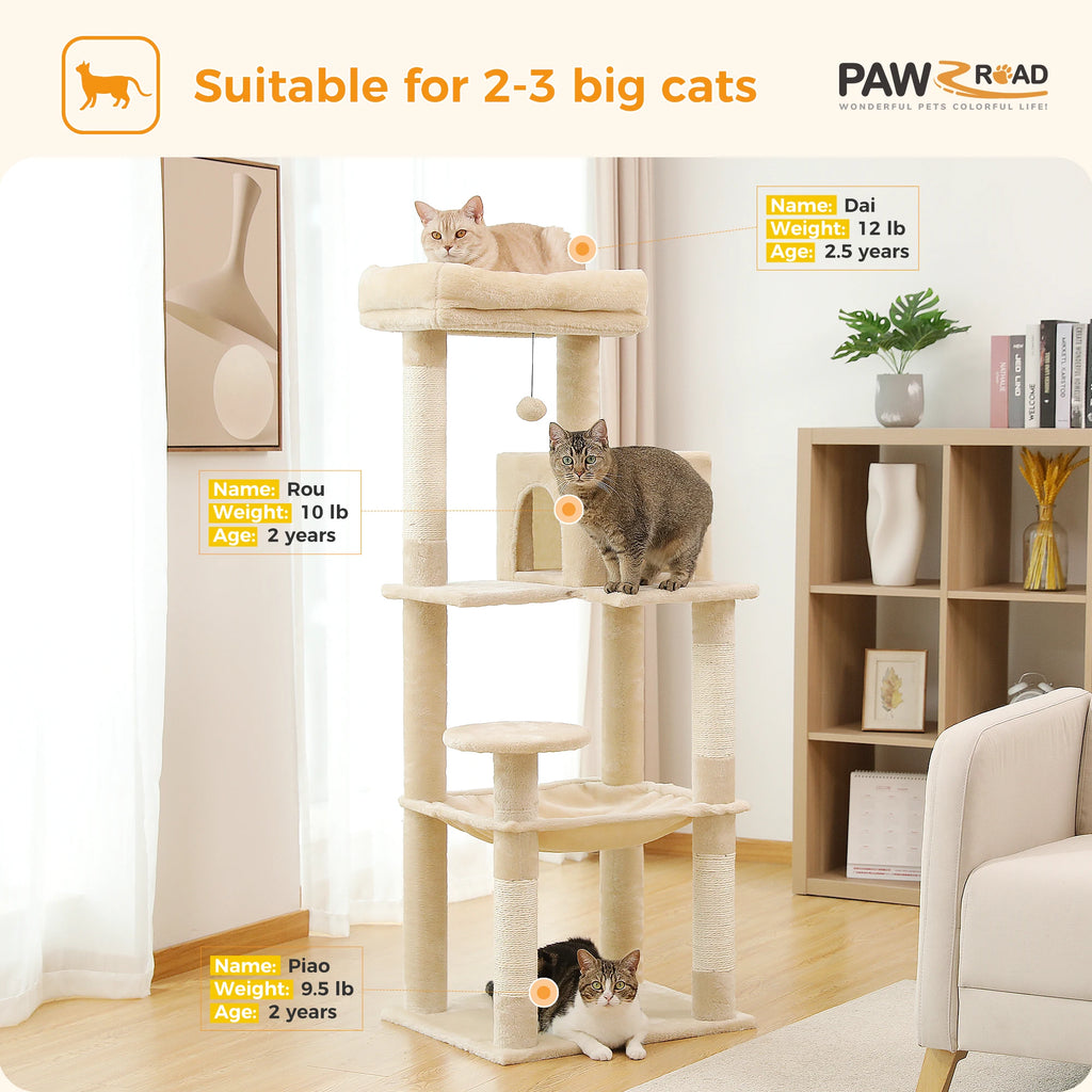Cat Tree for Indoor Cats 5-Level for Large Cats with Large Hammock Sisal Covered Scratching Posts Cozy Condo Top Perch