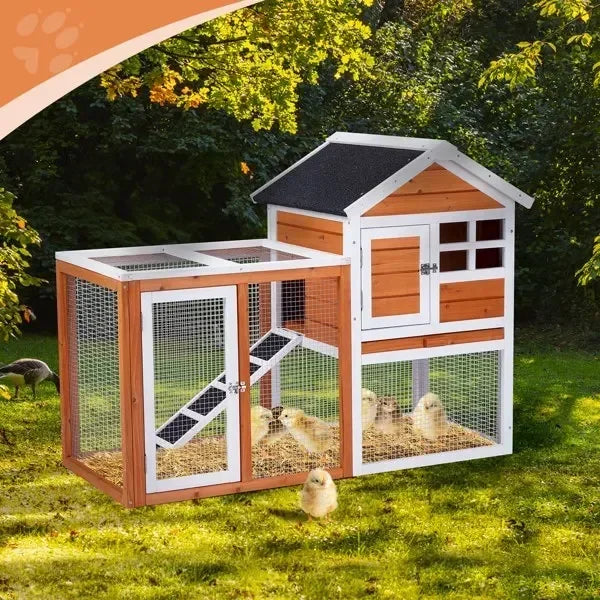 Wooden Rabbit Hutch Outdoor Chicken Coop Indoor Bunny Cage with Run, Guinea Pig House with Pull Out Upper Tray, Orange