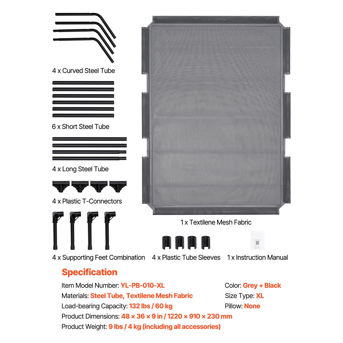 Elevated Dog Bed for Large Dogs Portable Raised Cot with Aluminum Tube Metal Frame and Breathable Textile Mesh