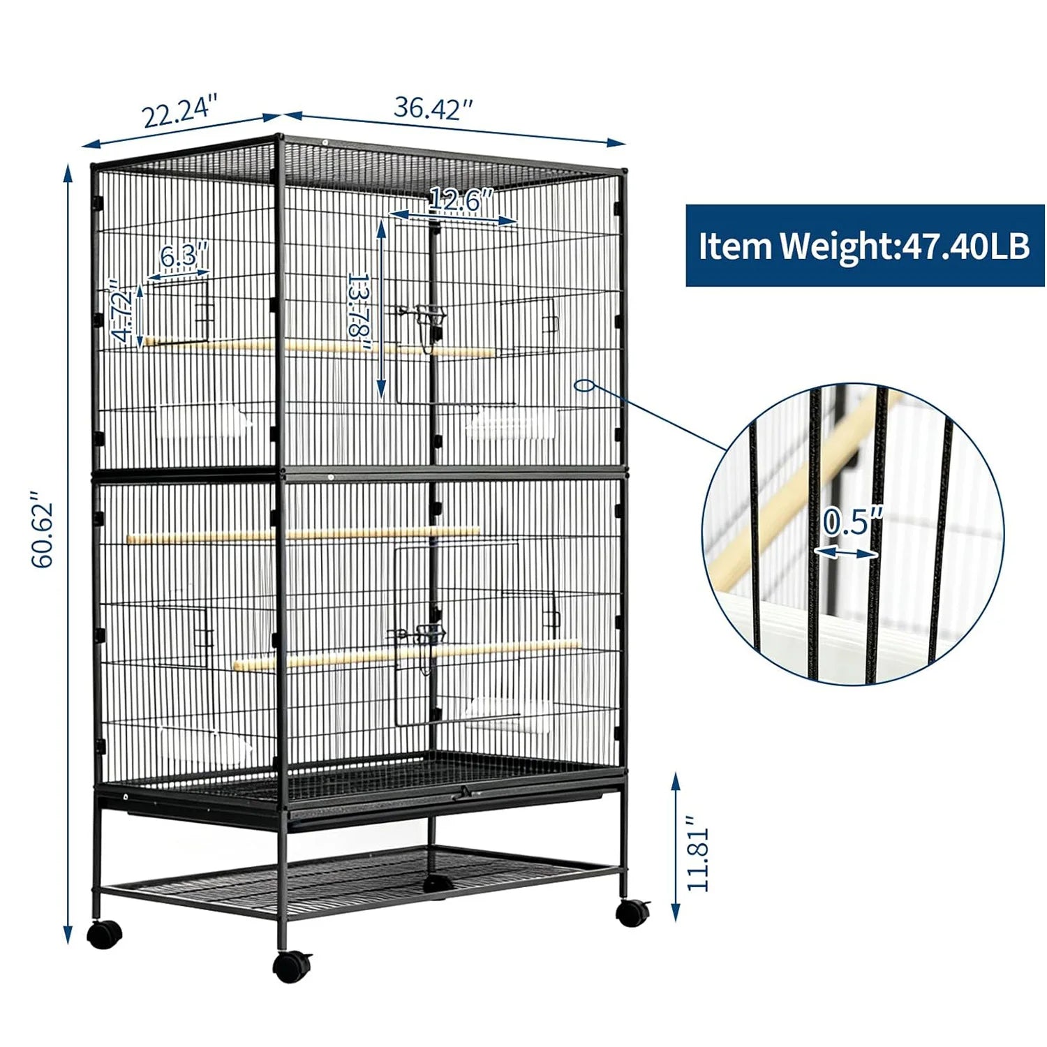 61" H Large Bird Cage with Rolling Wheels Storage Stands, Feed Bowls, Wide Tall