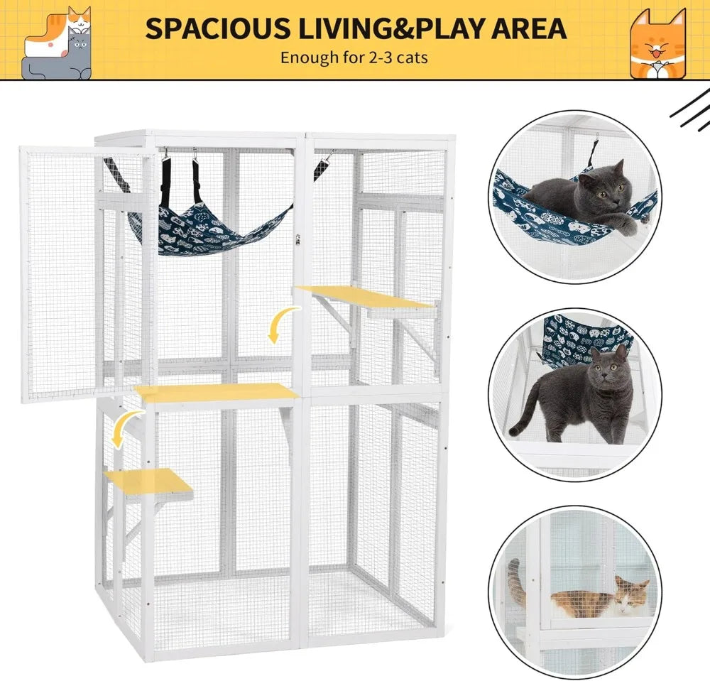 Catio Outdoor Cat Enclosure, Wooden Catio with Window Access for Patio, White