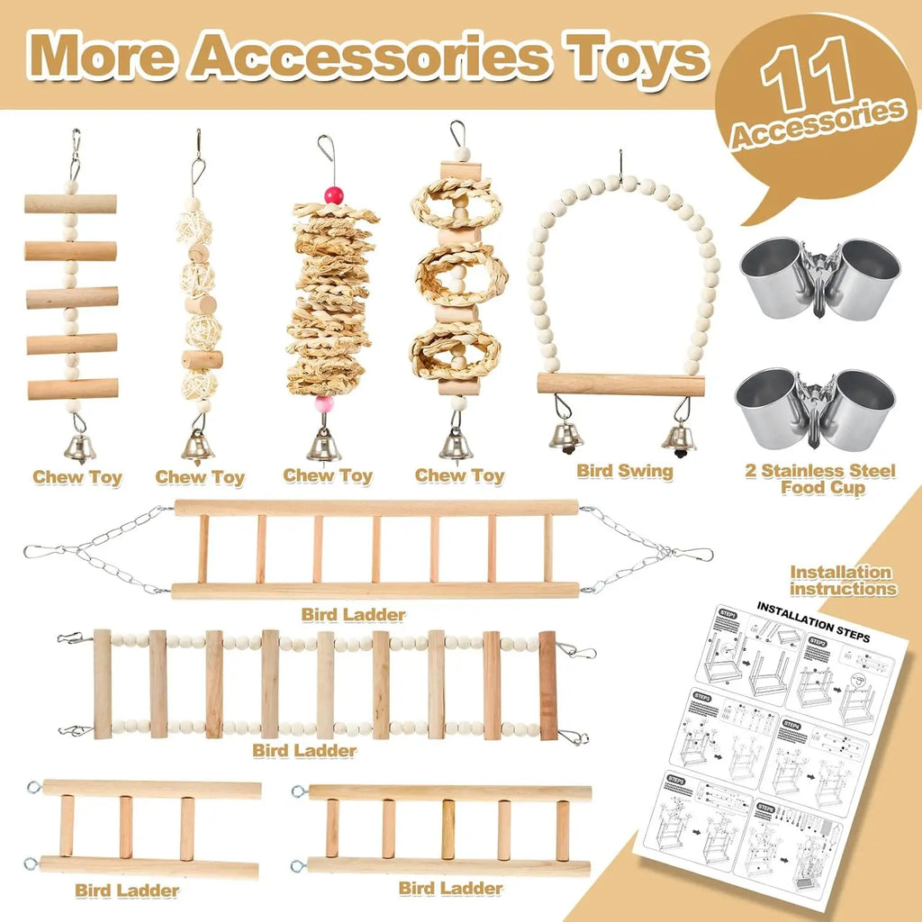 Natural Wood Bird Play stand with Perches, Toys, Removable Tray & 4 Stainless Steel Cups