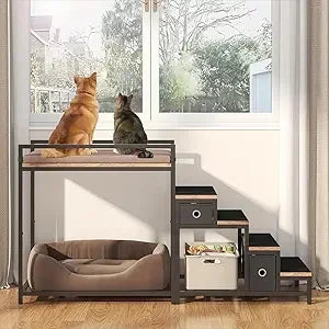 Pet Bunk Bed with Removable Stairs and 2 Drawers, Dogs/Cats Window Perch, Window Seat with Soft Cushion, Ultra-Shallow Steps