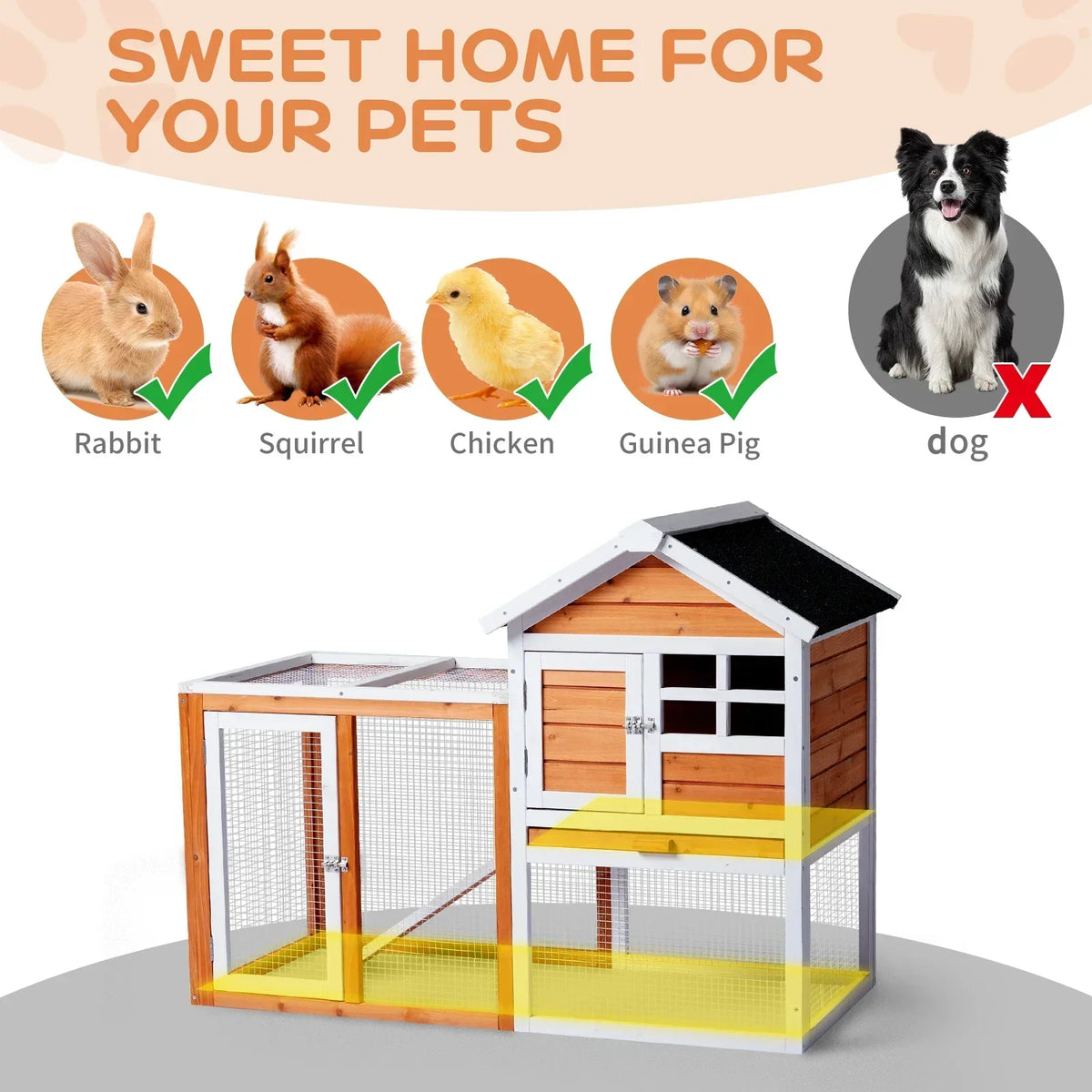 Wooden Rabbit Hutch Outdoor Chicken Coop Indoor Bunny Cage with Run, Guinea Pig House with Pull Out Upper Tray, Orange