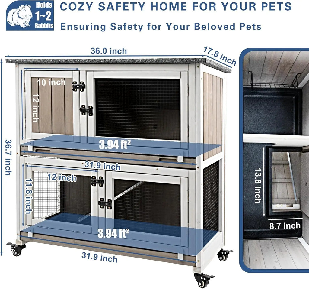 Petscosset 36" L Guinea Pig Cages Wooden, 2 Story Rabbit Cage Indoor Guinea Pig Habitat