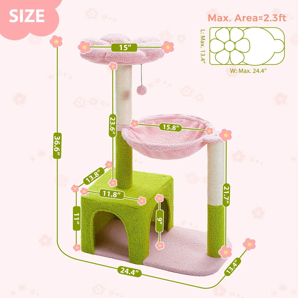 Flower Cat Tree with Large Metal Frame Hammock with Sisal Scratching Posts for Small Indoor Cats