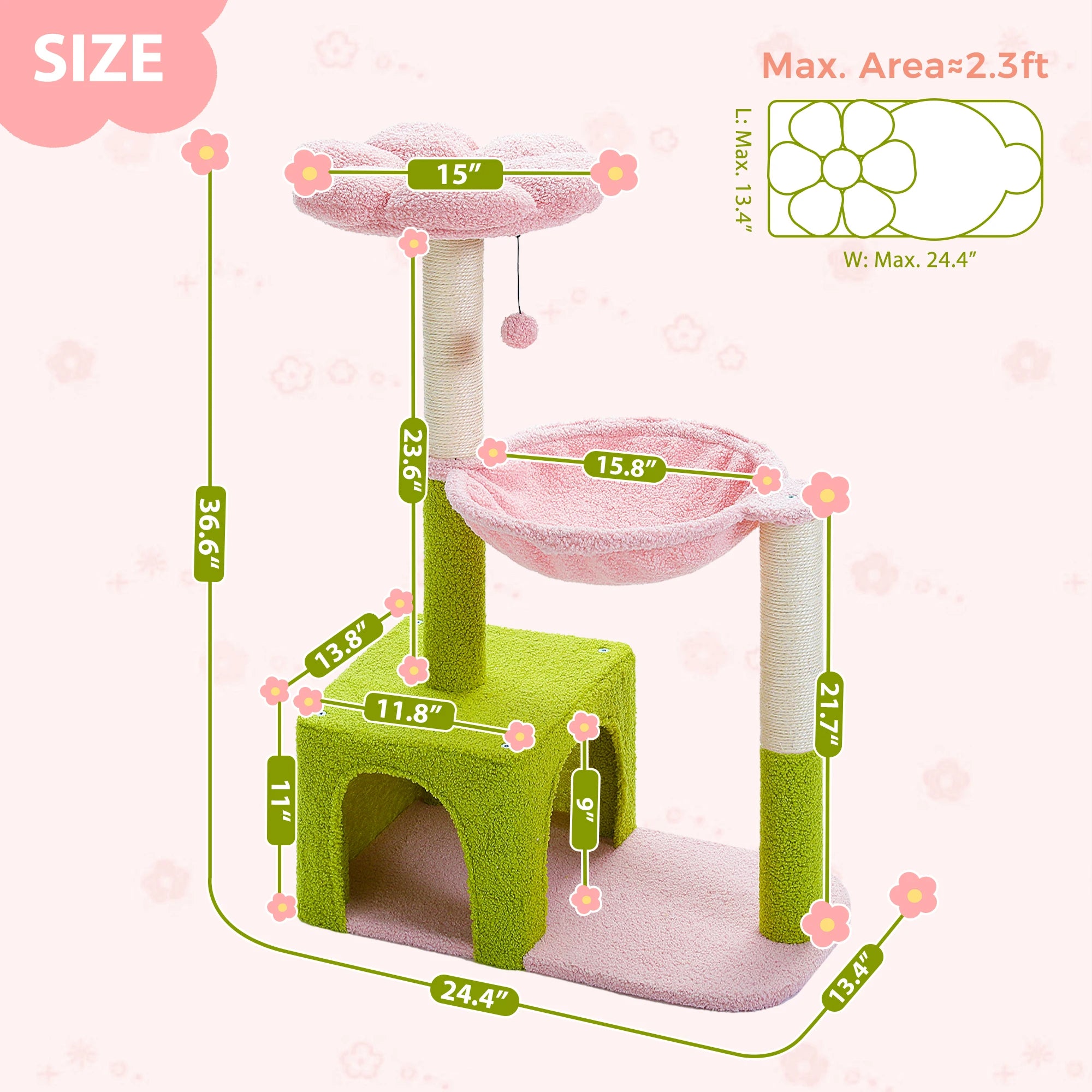 Flower Cat Tree with Large Metal Frame Hammock with Sisal Scratching Posts for Small Indoor Cats