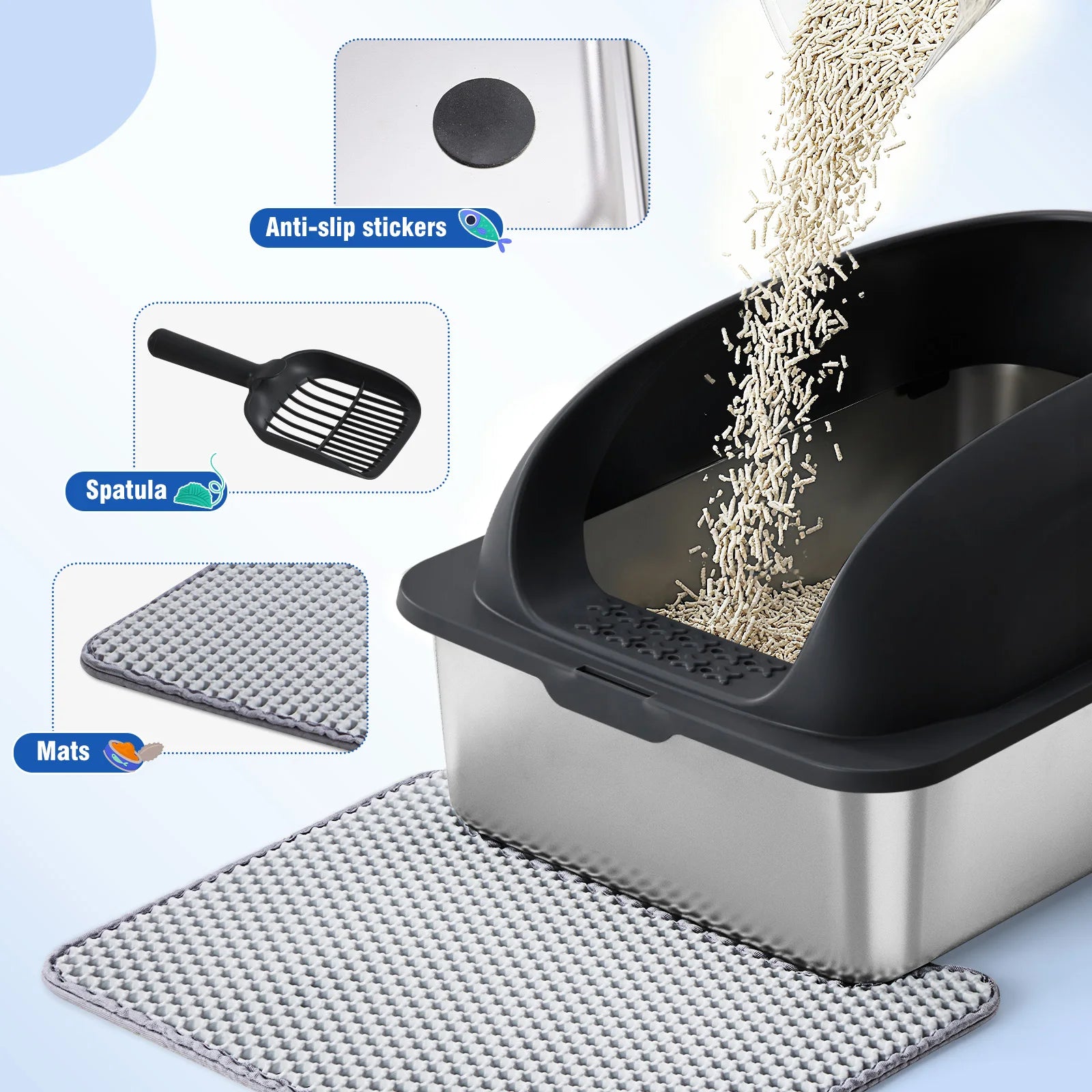Stainless 24IN Steel Cat Litter Box with Lid Large Cat Litter Box for Big Cats Anti-Urine Leakage Scoop and Mat Included