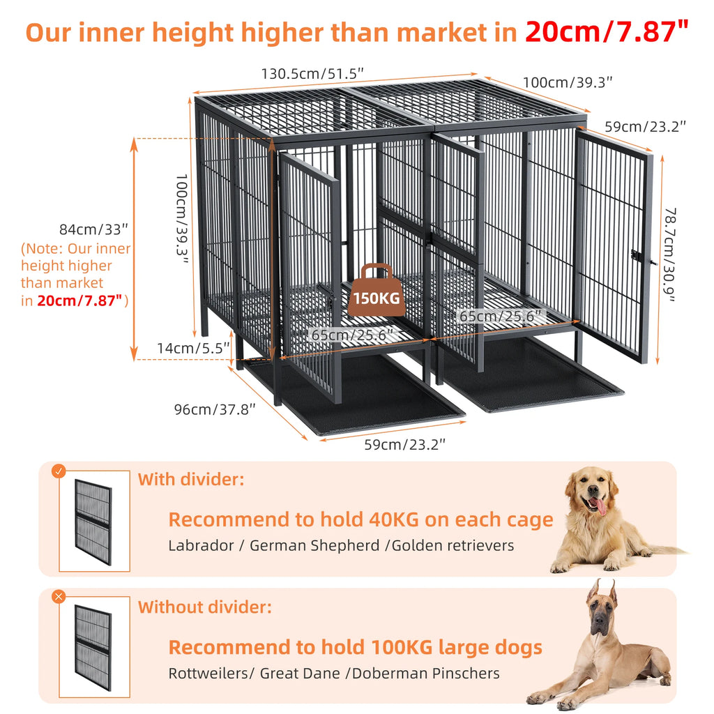 Heavy Duty Dog Crate: 52Inch Extra Large Pet Raised Metal Cage with Removable Divider