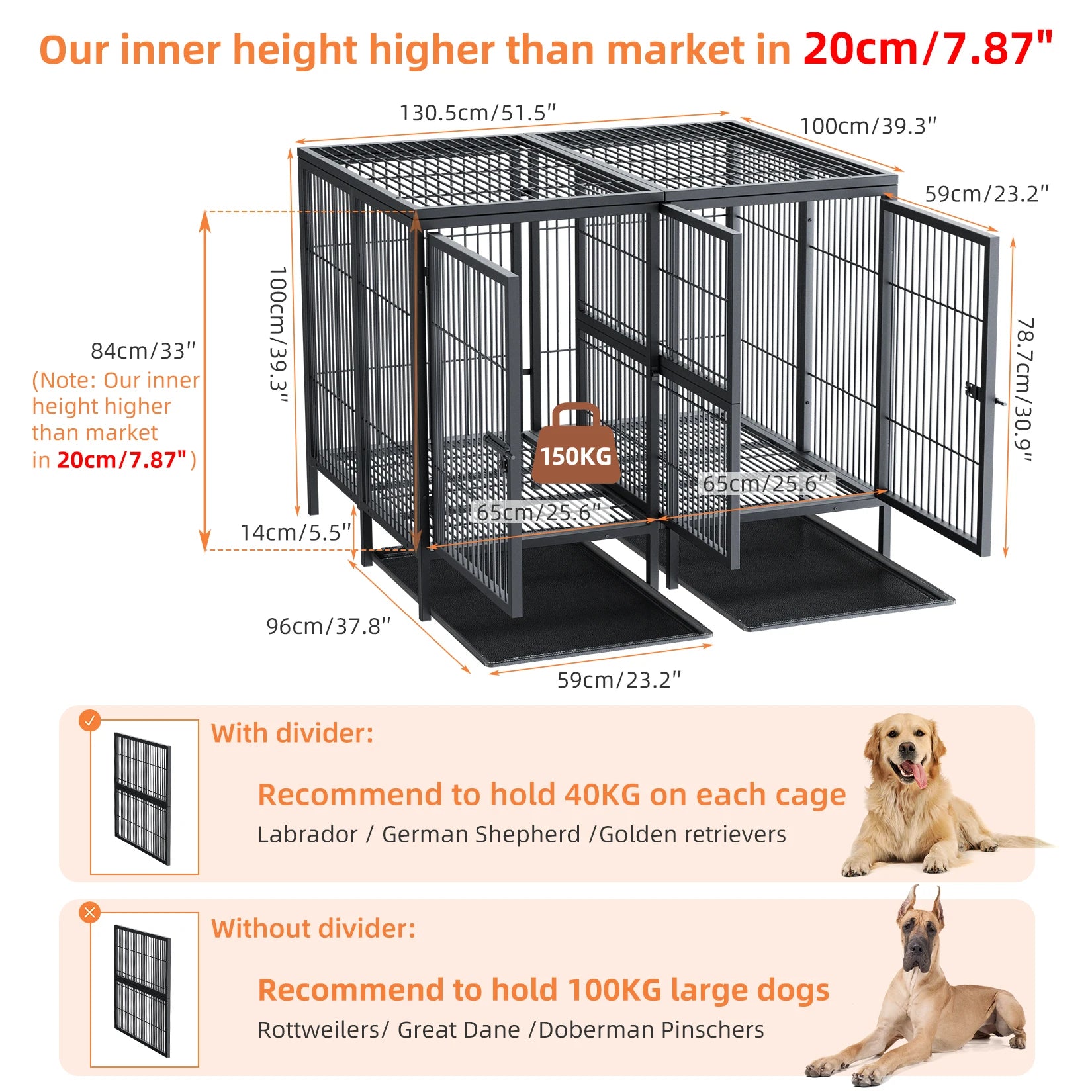 Heavy Duty Dog Crate: 52Inch Extra Large Pet Raised Metal Cage with Removable Divider