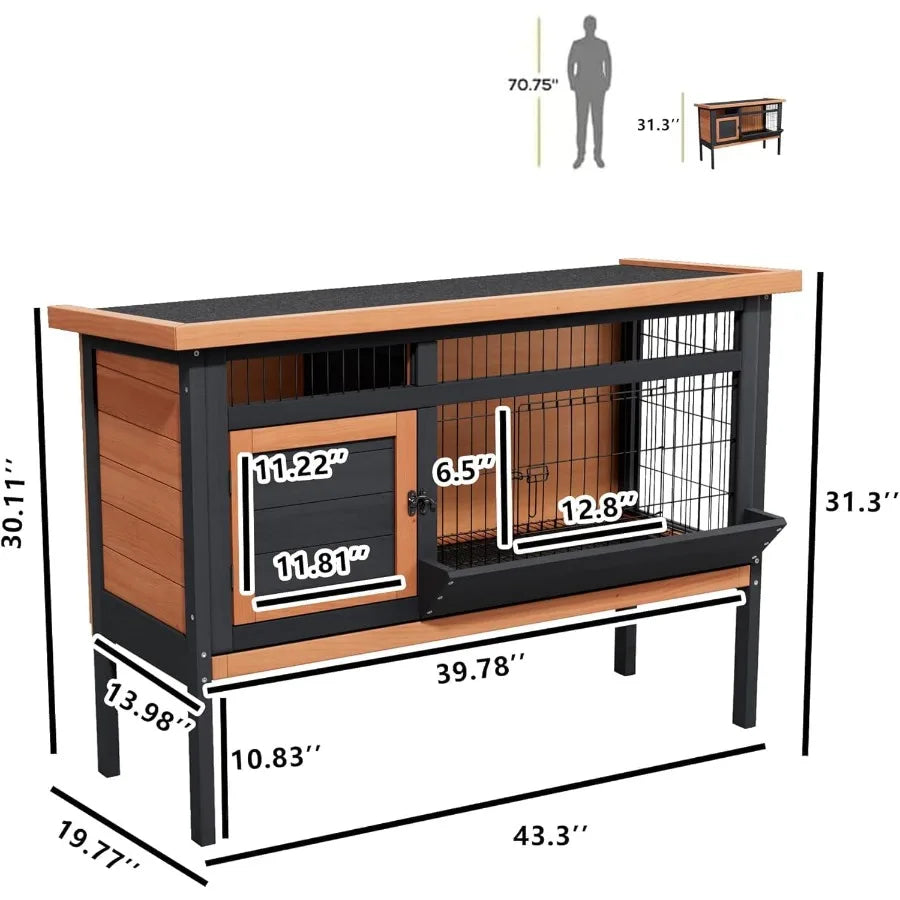 Rabbit Small Animal Hutch with Wooden Construction and Deep Pull-Out Tray Waterproof Indoor Outdoor