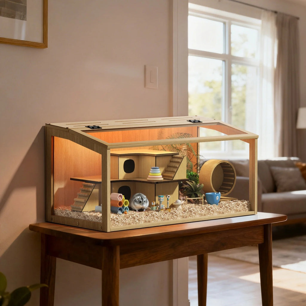 60/80CM Large Natural Wooden Hamster Cage Animal Cabinet Built-in LED Light Tabletop Habitat for Small Pets