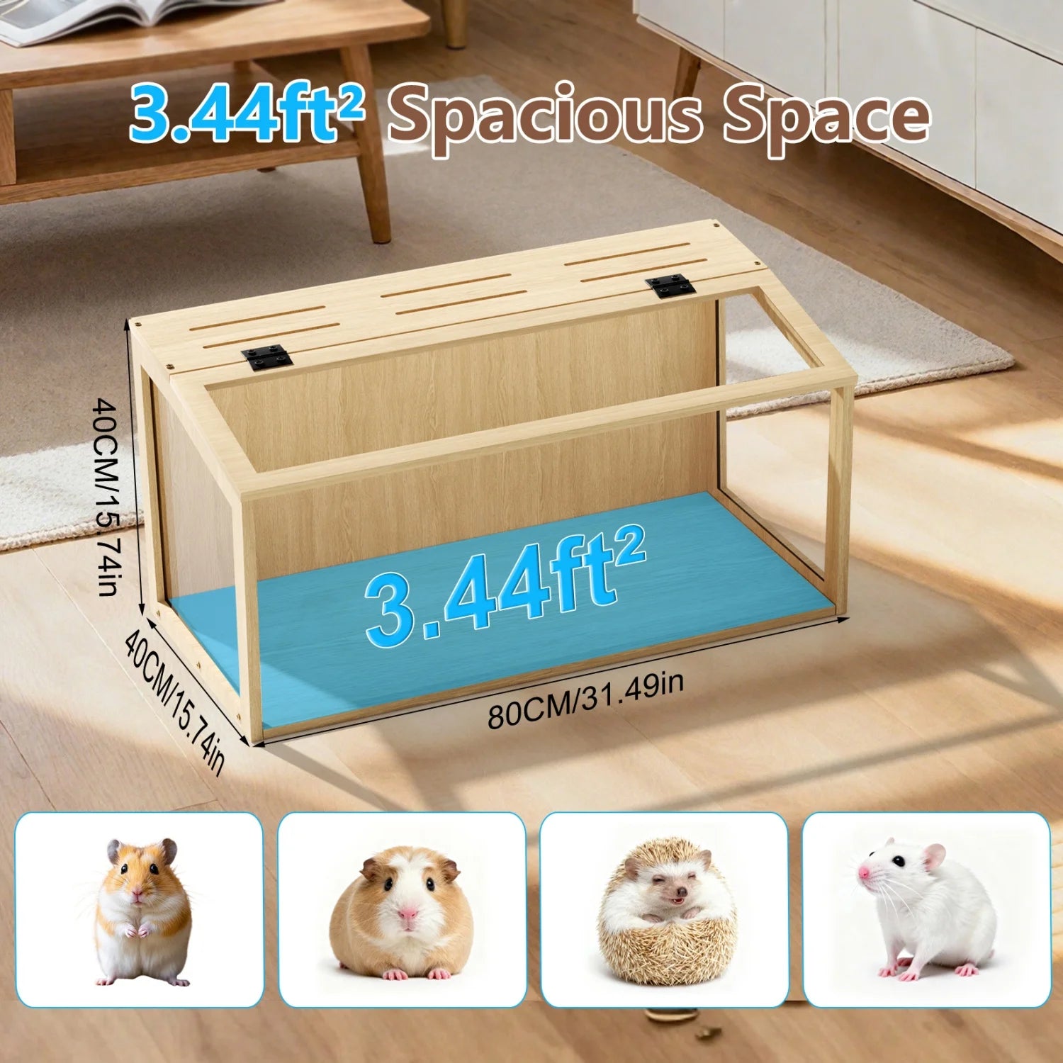 60/80CM Hamster Cage Wooden Habitat House Tempered Glass Panels Built-in LED Light