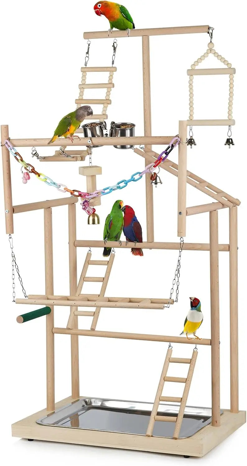 4-Layer Wooden Bird Playstand with Feeder Cups and Bells