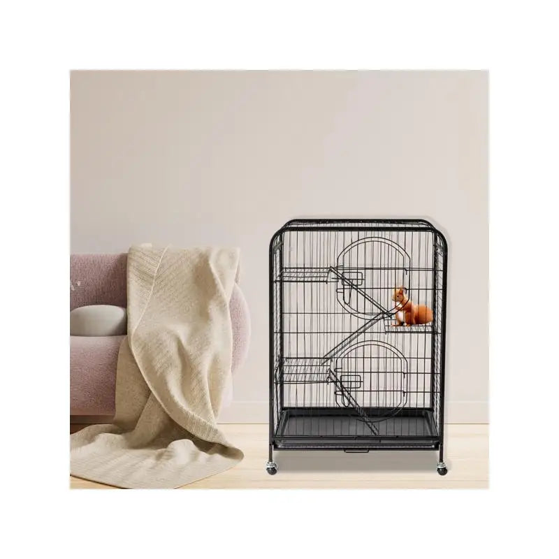 37" Metal Small Animal Cage with Ramps, Feeders & Wheels for Small Animals, Black