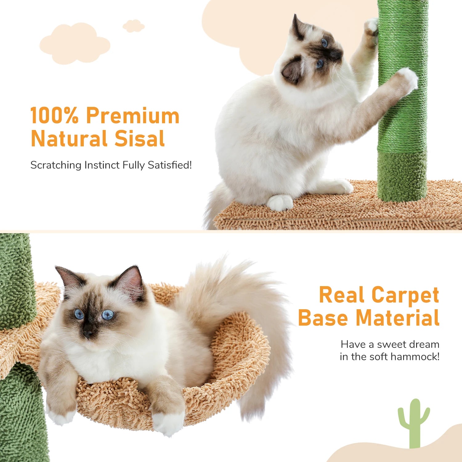 Cactus Cat Tree Floor to Ceiling Cat Tower with Sisal Scratching Post, Comfortable Hammock for Multi-Cat Homes
