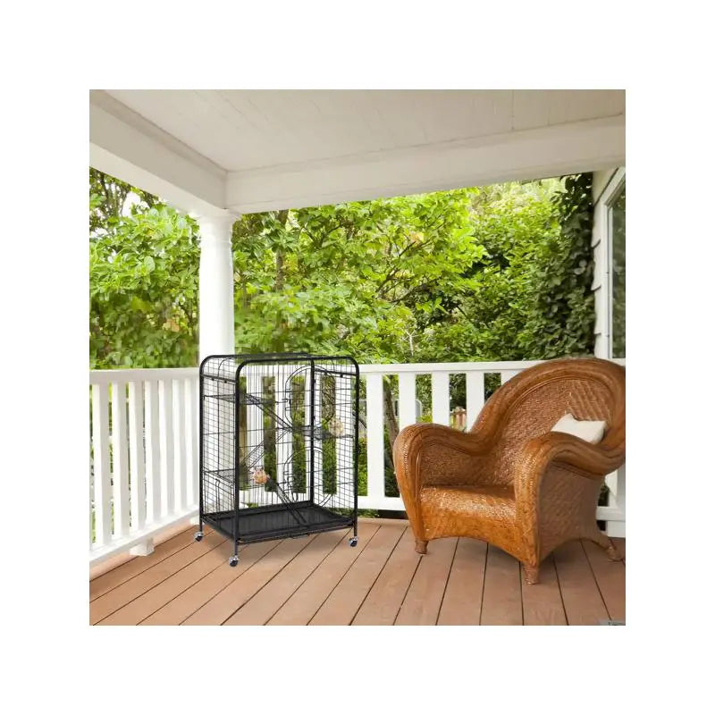 37" Metal Small Animal Cage with Ramps, Feeders & Wheels for Small Animals, Black