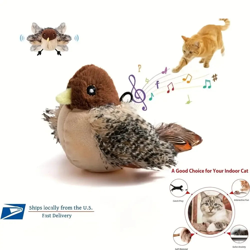 Plush Touch-Activated Flapping Bird Cat Toy with Realistic Chirping Sound