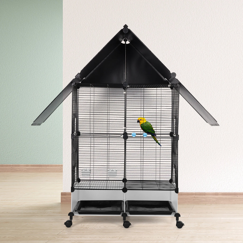 Bird Cage with Rolling Stand House Shape Large Iron with Lock