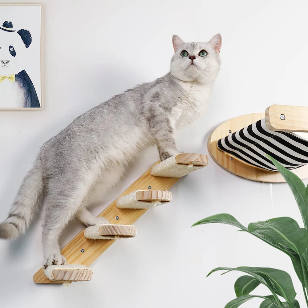 3Pcs Cat Hammock with Four Step Sisal Stairways or Scratching Posts Set Wall Mounted Wooden Climbing Shelf Perch