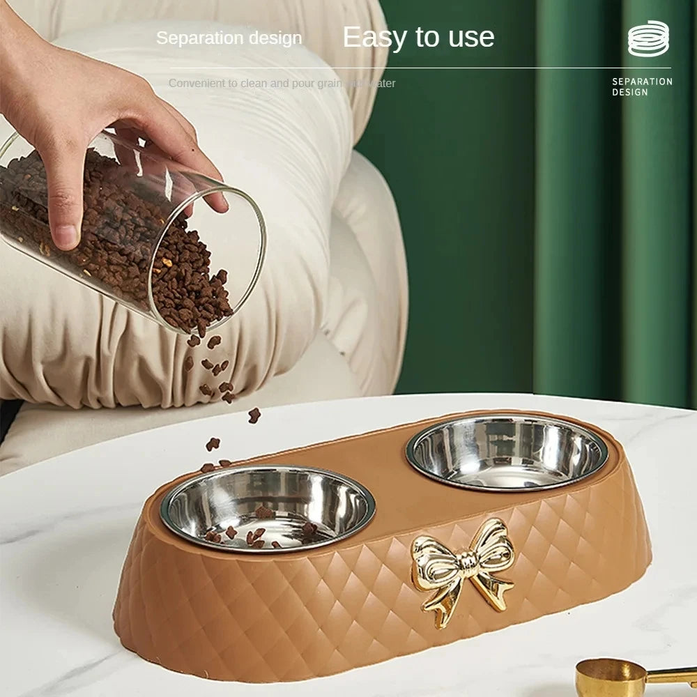 Pet Supplies Bow-tie Food Bowl Base Bowl Stainless Steel Double Feeding Drinking/Feed Double Bowl