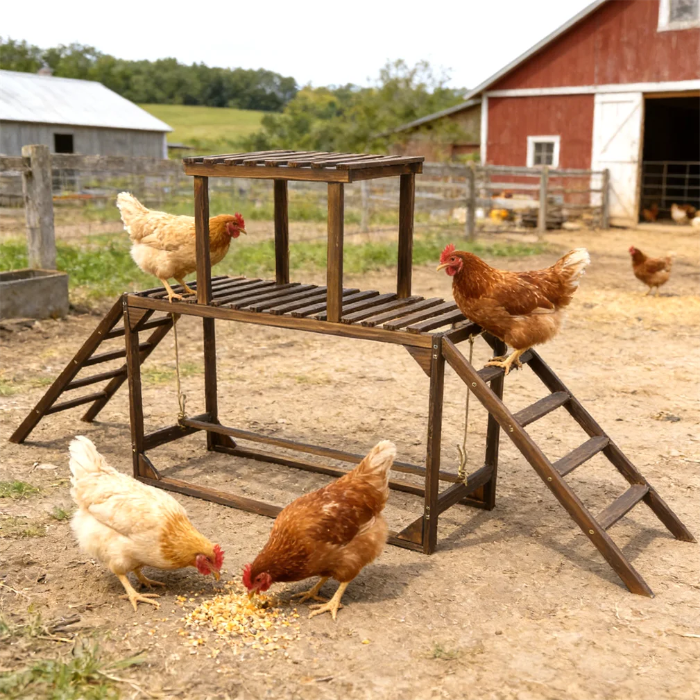 Solid Wood Chicken Perch Coop with Swing Ladder Platform Roosting Bar