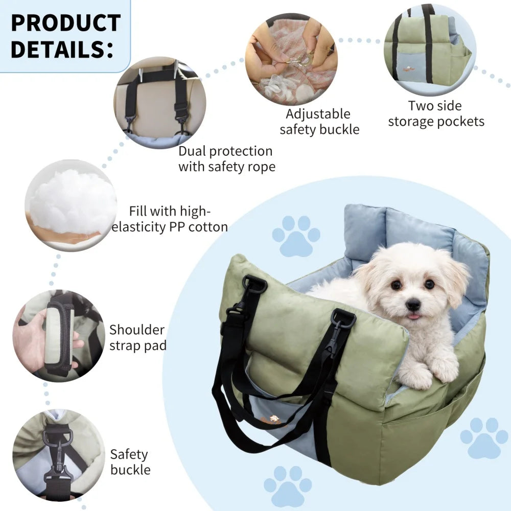 Portable Dog Car Seat Travel Bed Carrier Cushion with Storage Pocket