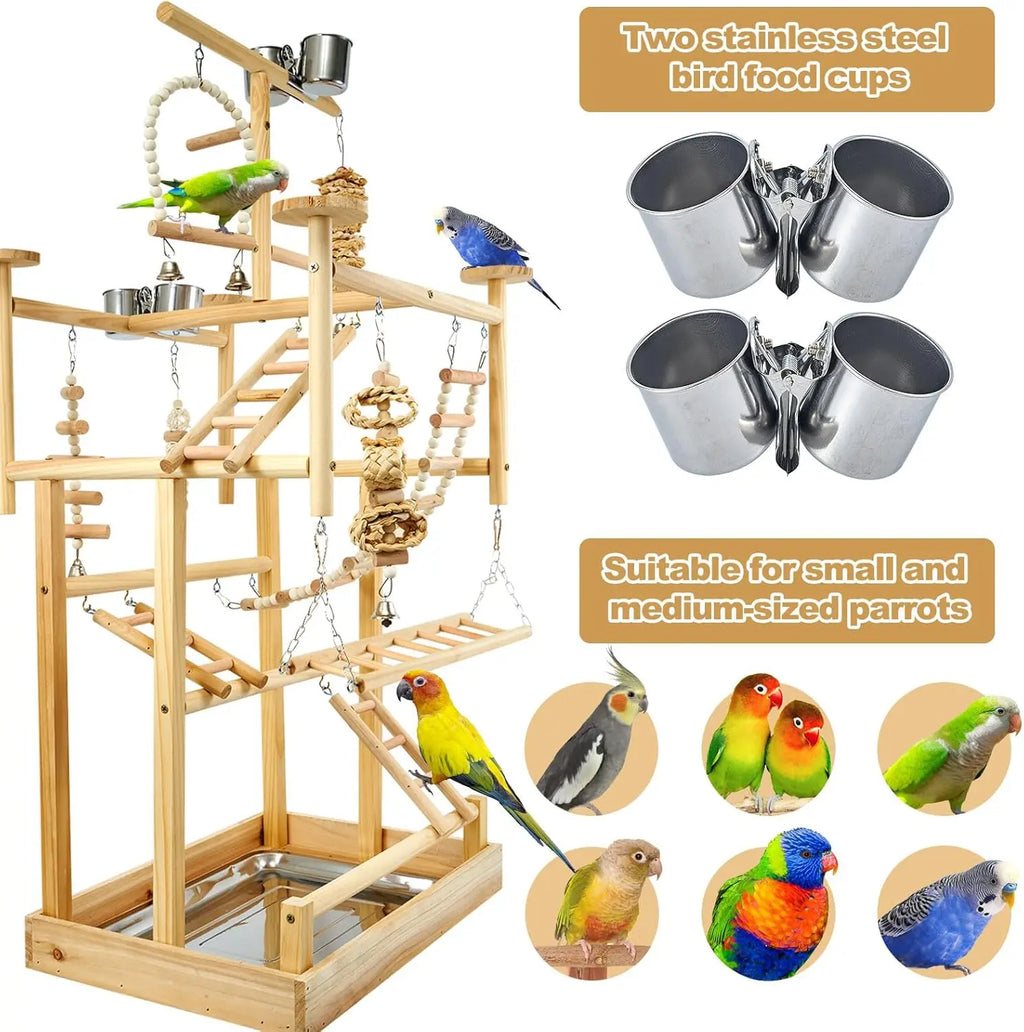 Natural Wood Bird Play stand with Perches, Toys, Removable Tray & 4 Stainless Steel Cups