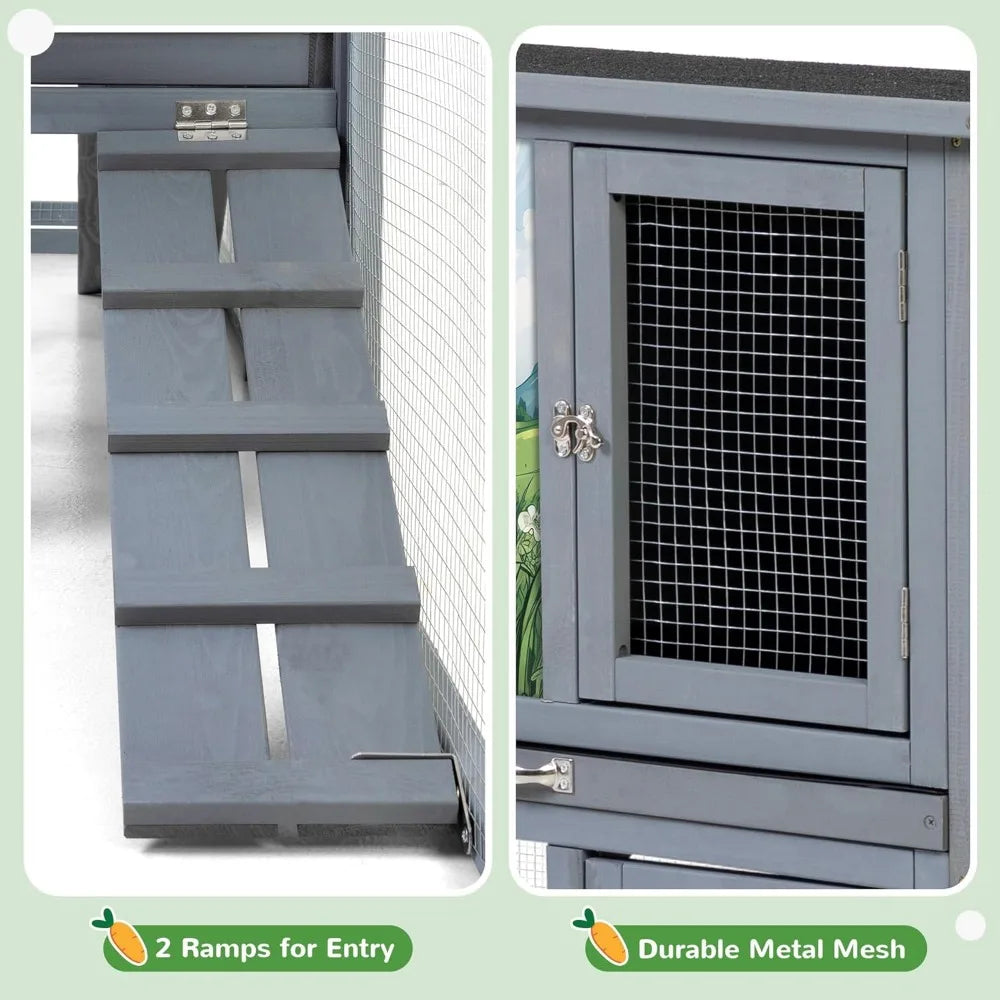 Rabbit Small Animals Hutch Outdoor Indoor, 94.5" Extra Large, 2-Story Wooden Cage with Pull-Out Tray