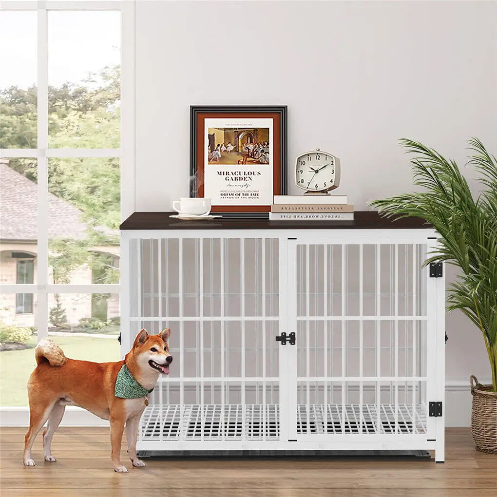 Heavy Duty Dog Kennel Metal Wooden End Table Furniture Style with Three Doors and Removable Tray