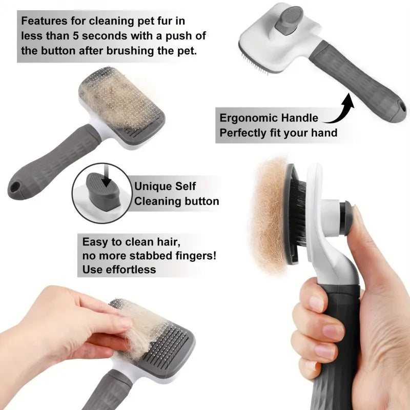 Dual-Use Dog Cat Small Animal Grooming Brush 20×10×5.5cm, Self-Cleaning Slicker Comb with Round-Tip Bent Needles, Ergonomic Handle