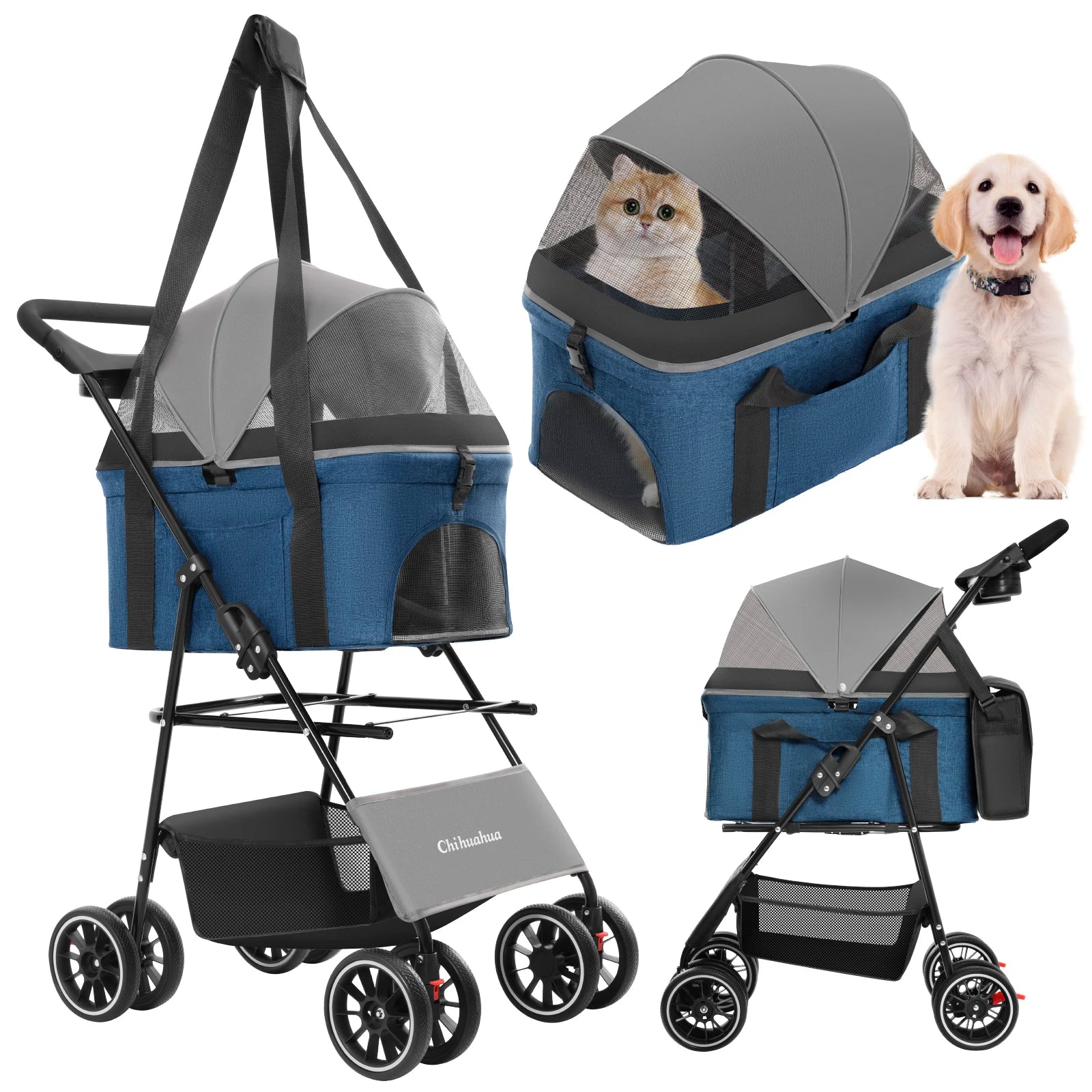 3 in 1 Pet Stroller For Small Dogs Cats Lightweight And Foldable Detachable Bag