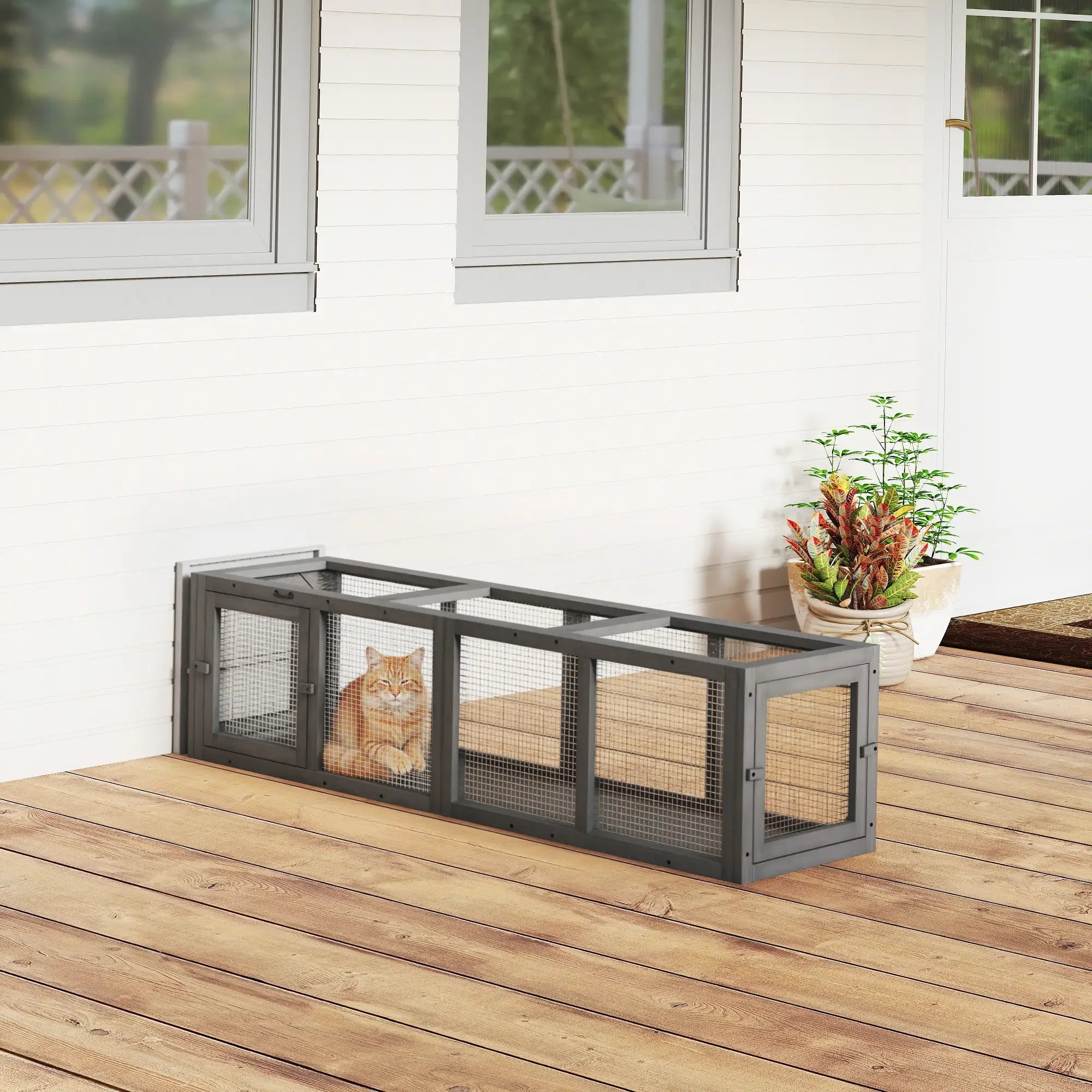 Cat Tunnel Outdoor Wooden Cat Tube with Combinable Design 8 Doors 98" Window Cage