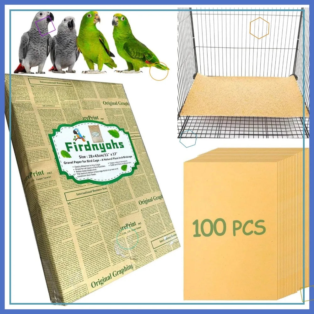 100PCS Gravel Liner Paper for Bird Cage, 11x17 Cage Liners, Safe & Easy to Digest