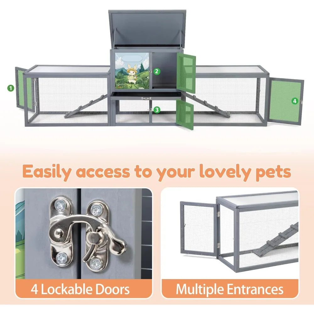 Rabbit Small Animals Hutch Outdoor Indoor, 94.5" Extra Large, 2-Story Wooden Cage with Pull-Out Tray