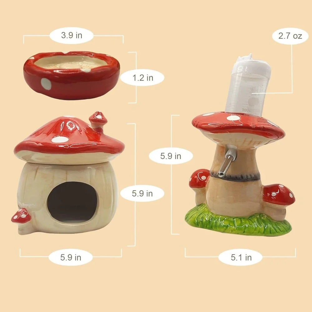Mushroom Ceramic Hamster Hideout Water Bottle with Stand Food Bowl Sleep house