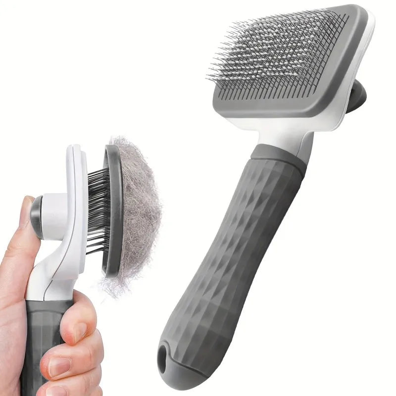 Dual-Use Dog Cat Small Animal Grooming Brush 20×10×5.5cm, Self-Cleaning Slicker Comb with Round-Tip Bent Needles, Ergonomic Handle