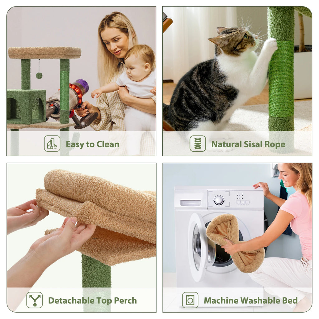 Cactus Cat Tree Tower for Large Cats with Metal Plush Big Hammock for Indoor with 2 Door Condo House with Large Top Perch