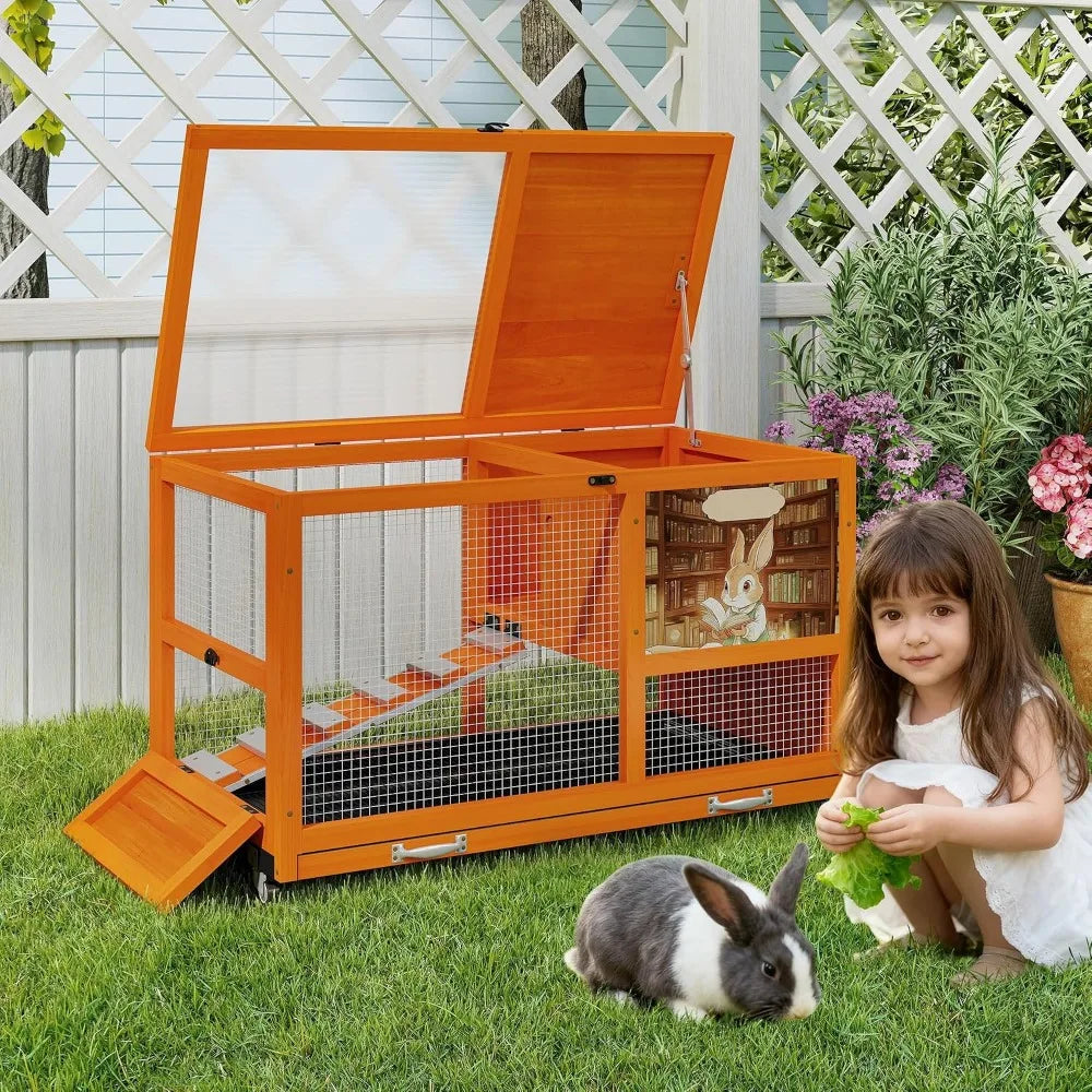 36.5-Inch Double-Decker Wooden Rabbit Small Animal Hutch with Wheels Indoor-Outdoor