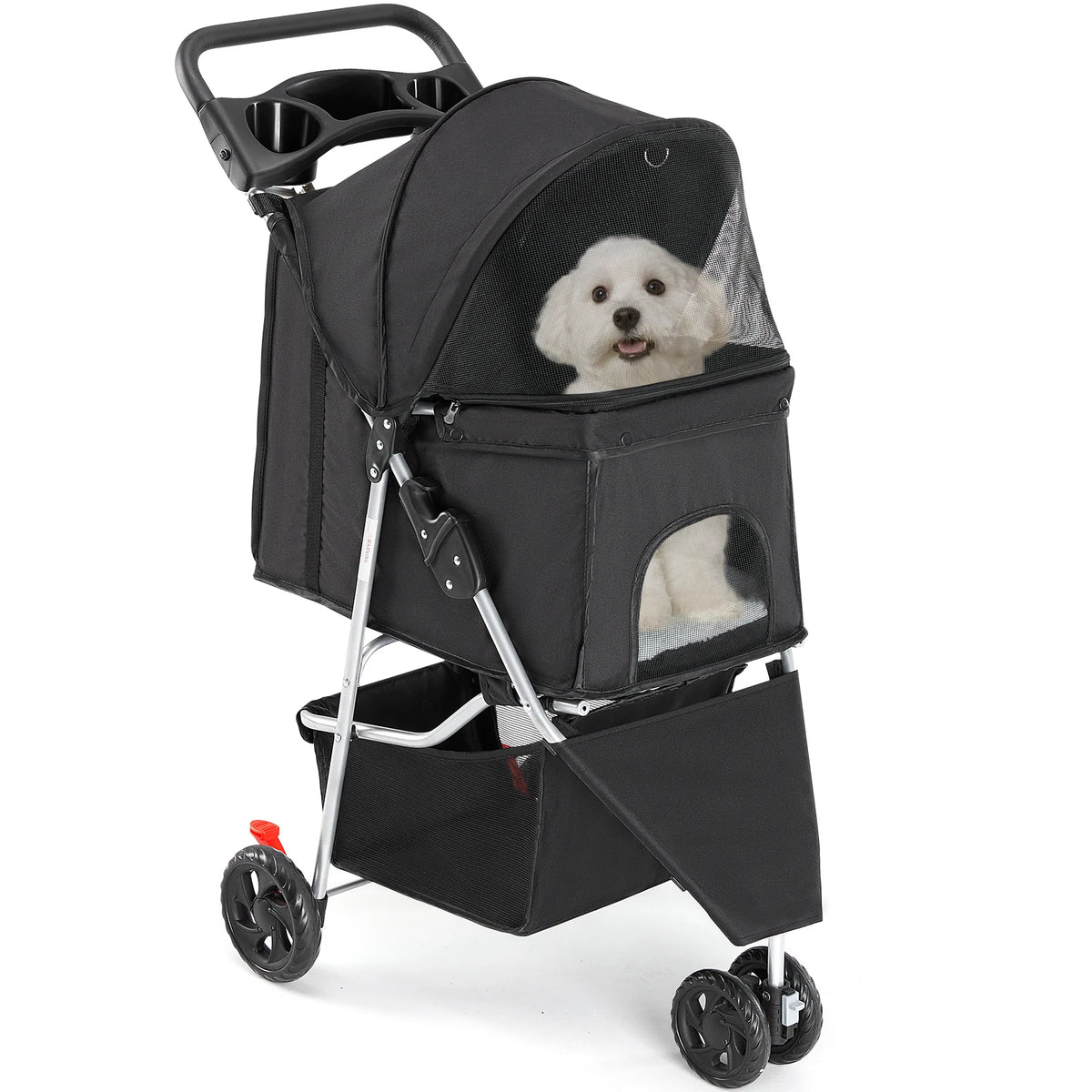 3 Wheels Foldable Pet Stroller for Small Dogs and Cats with Mesh Windows Storage Basket Cup Holder for Outdoor Use