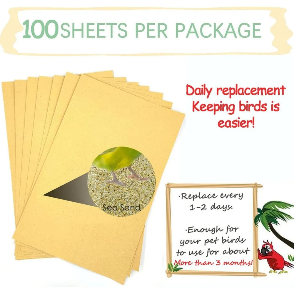 100PCS Gravel Liner Paper for Bird Cage, 11x17 Cage Liners, Safe & Easy to Digest
