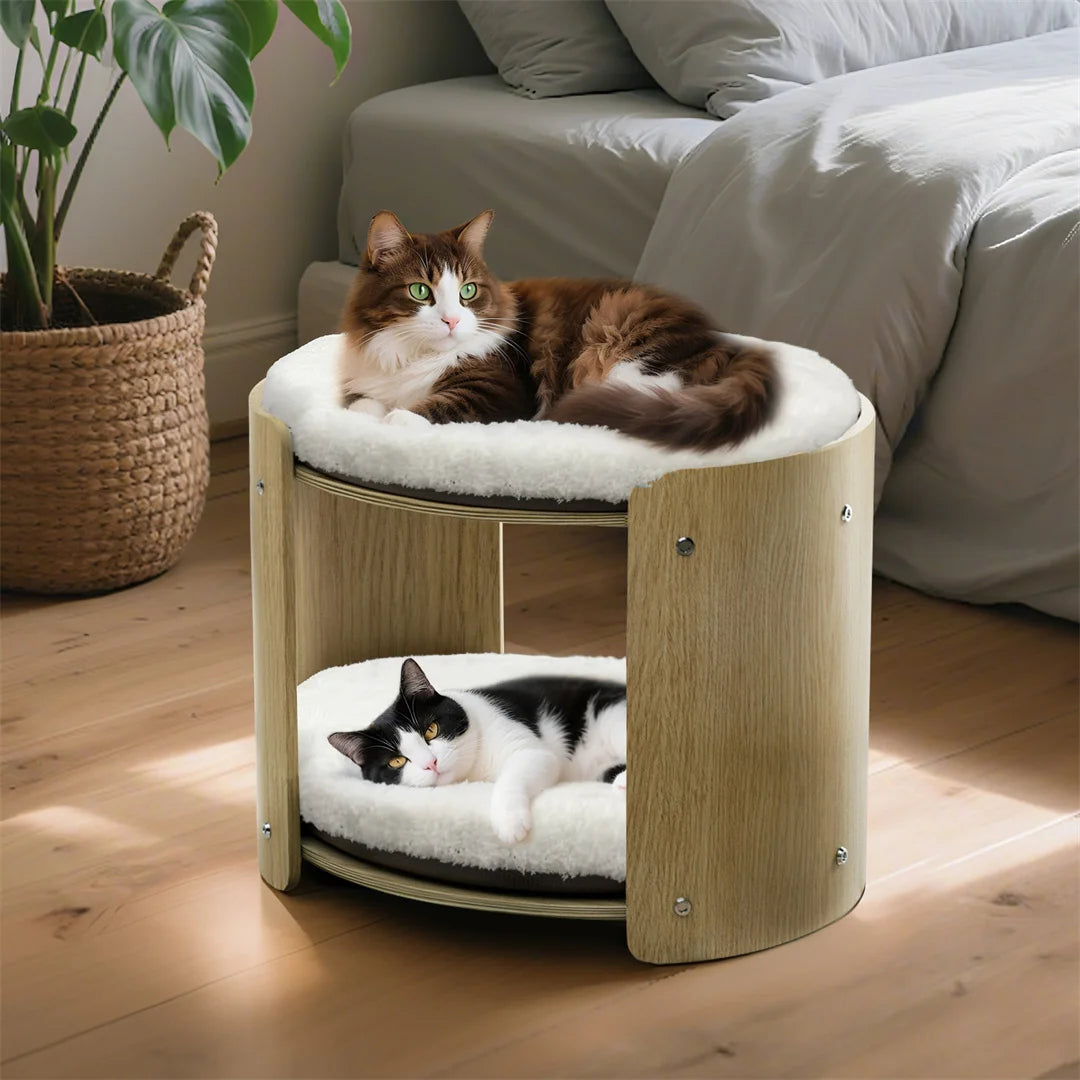 2-Layer Wood Double Cat Tower Furniture with Removable Washable Thicker Soft Plush Mats