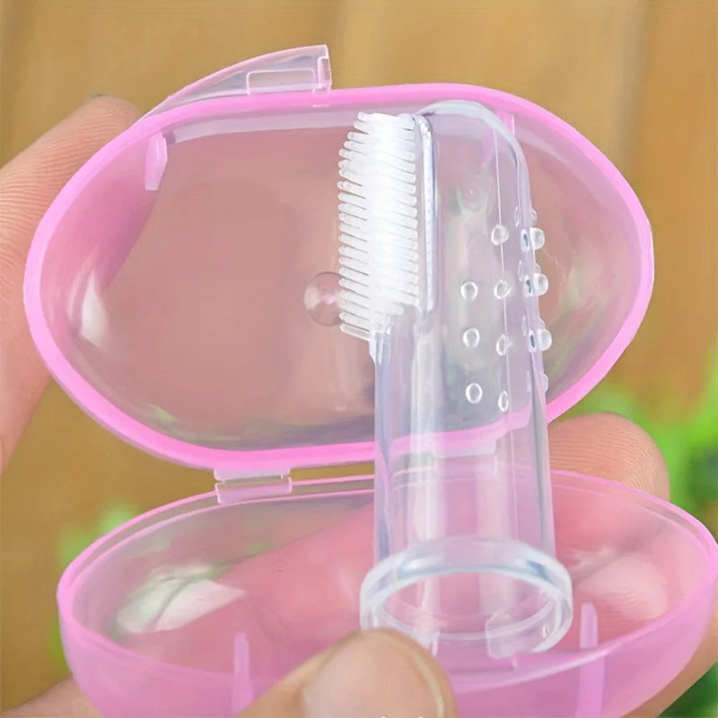 Pet Finger Toothbrush Set - Soft Silicone Tooth Brush for Cats & Dogs, Gentle Dental Care with Pink Storage Case, Easy Grip