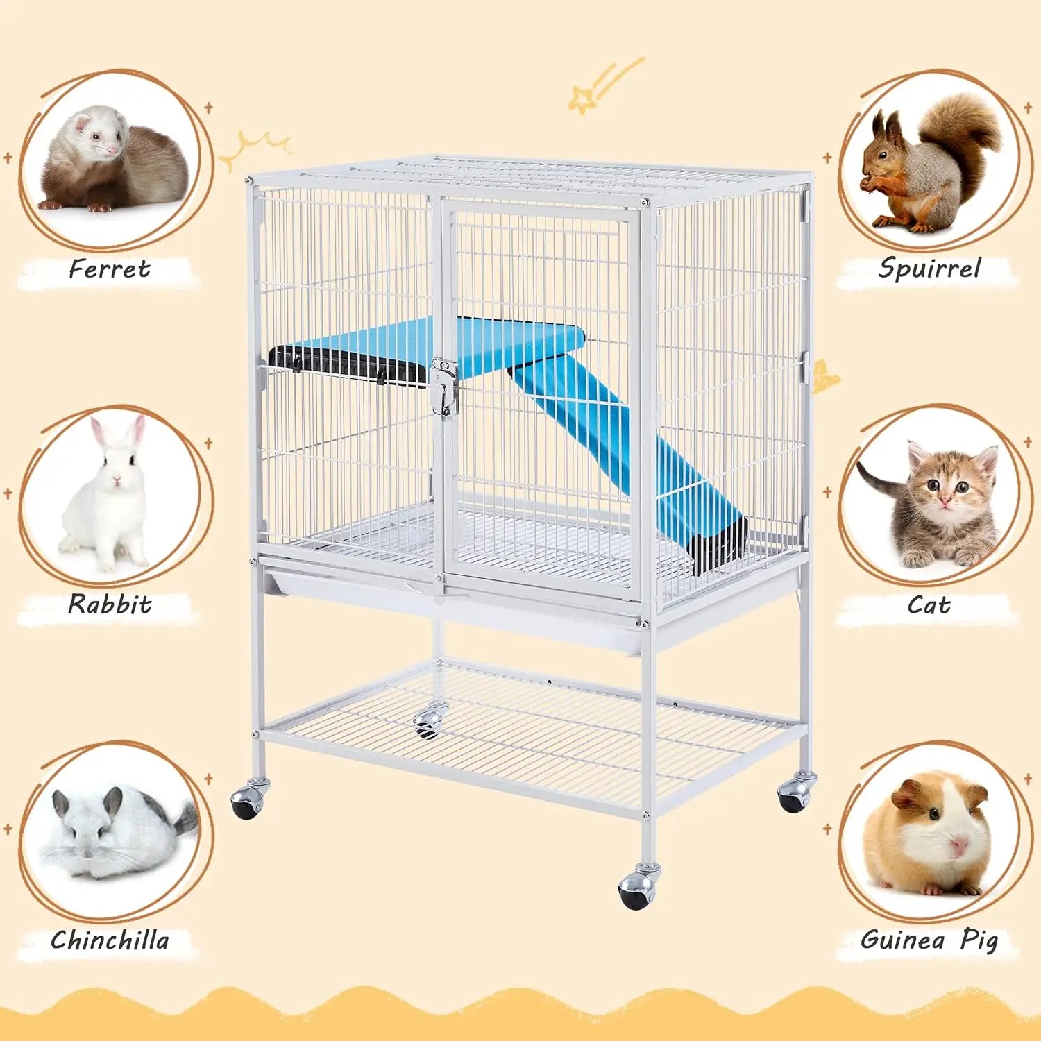 White Metal Small Animal Cage - Removable Tray, Ladder and Wheels