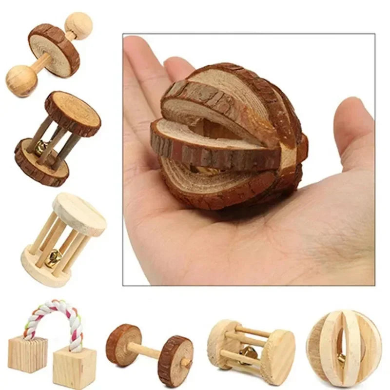 Cute Rabbit Roller Toys Natural Wooden Pine Dumbbell Unicycle Bell Chew Toys for Guinea Pigs Rat Small Pet
