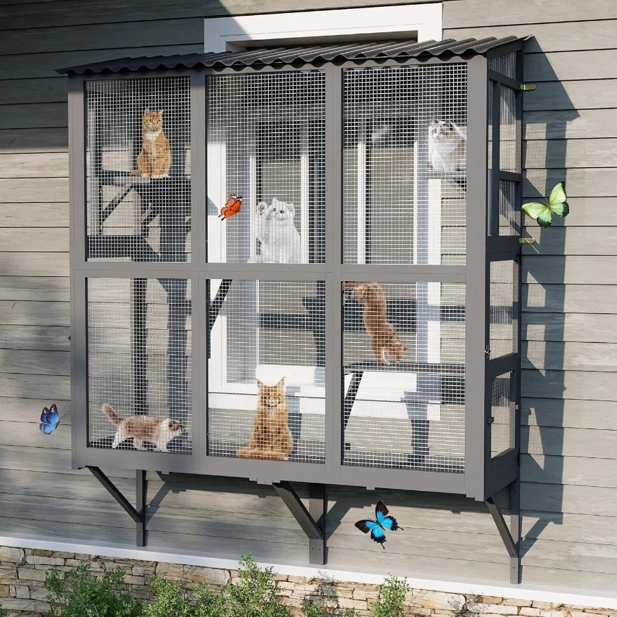 Expandable Outdoor Cat Enclosure with Window Perch for Multiple Indoor Cats Featuring 4 Platforms and 4 Doors Patio