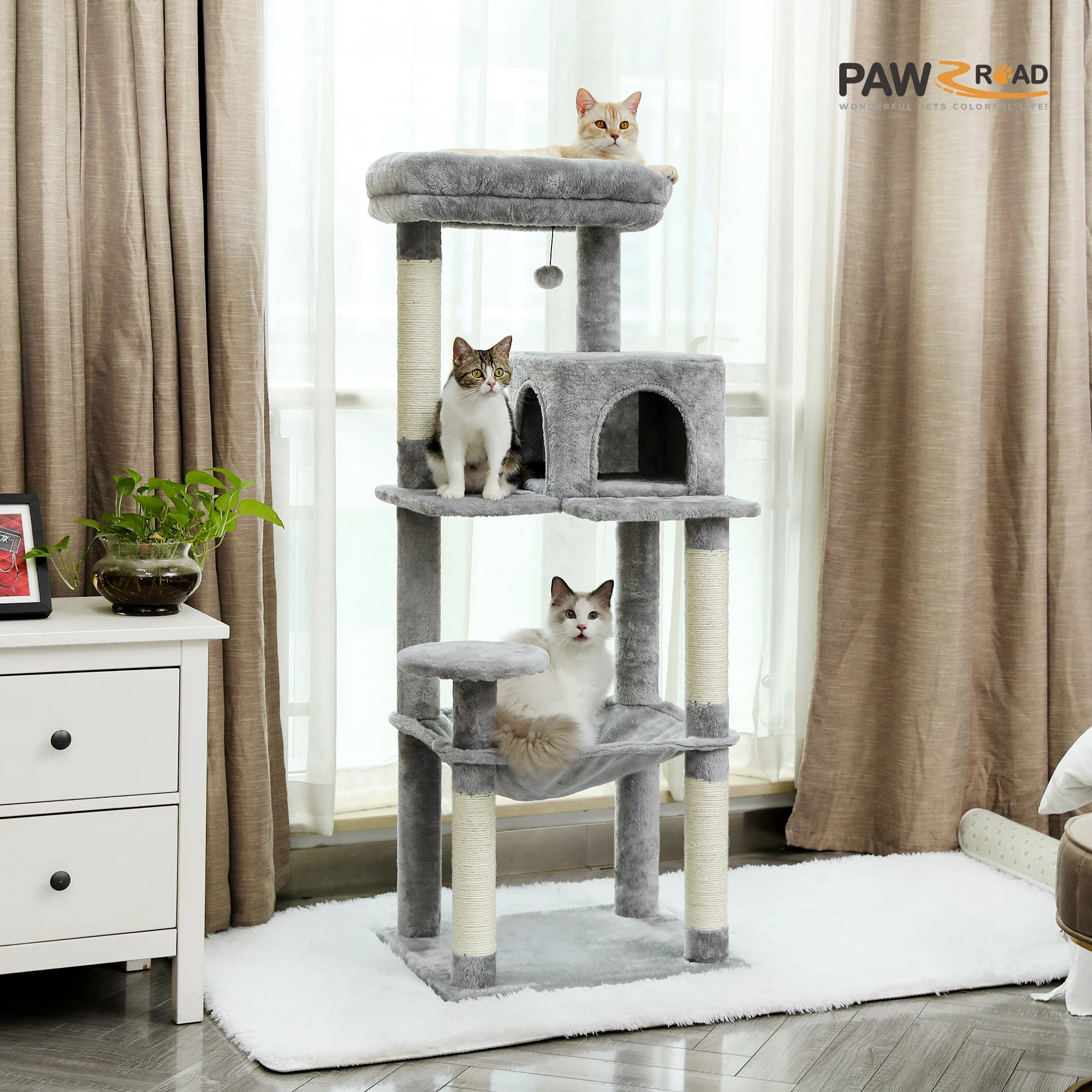 Cat Tree for Indoor Cats 5-Level for Large Cats with Large Hammock Sisal Covered Scratching Posts Cozy Condo Top Perch