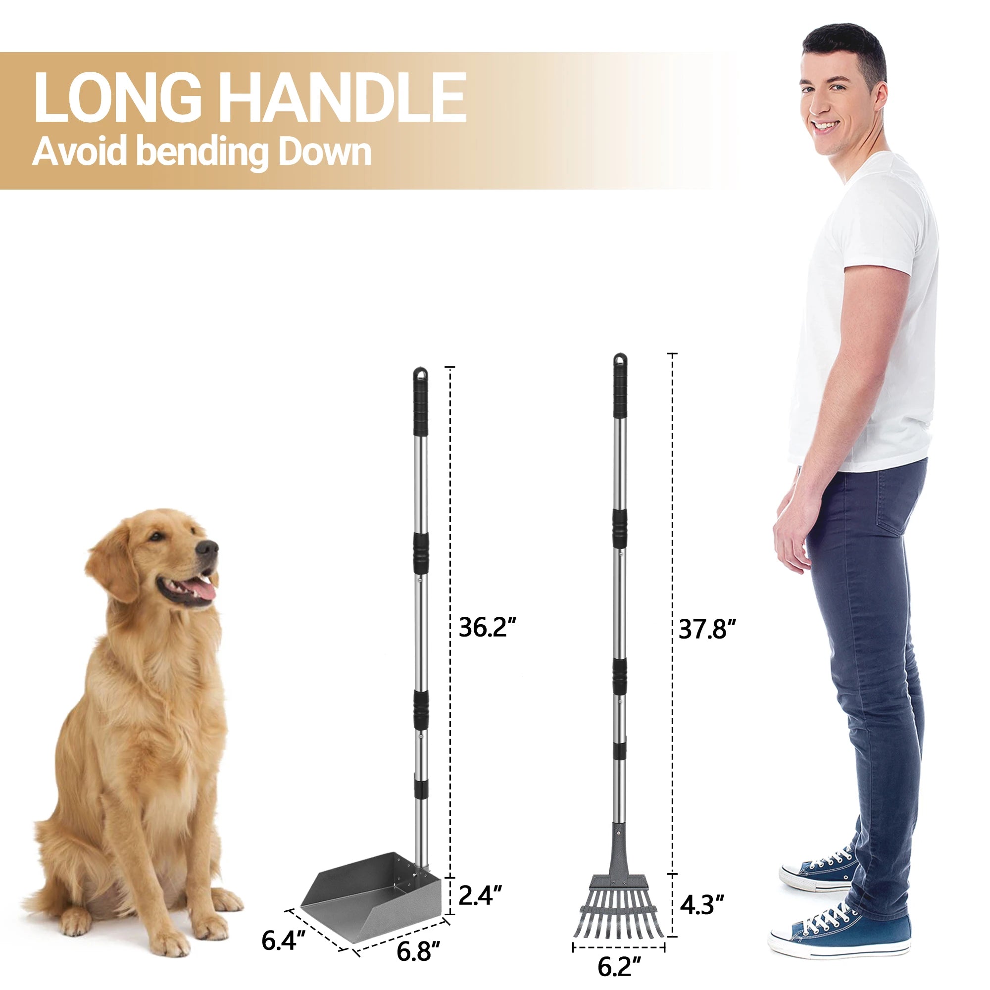 Dog Pooper Scooper, Tray and Rake Set, Pet Waste Removal Scoop with Long Adjustable Sectional Stainless Handles