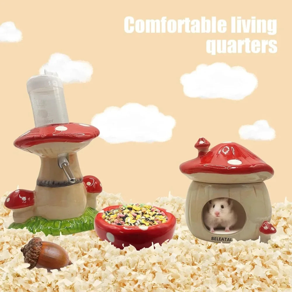 Mushroom Ceramic Hamster Hideout Water Bottle with Stand Food Bowl Sleep house