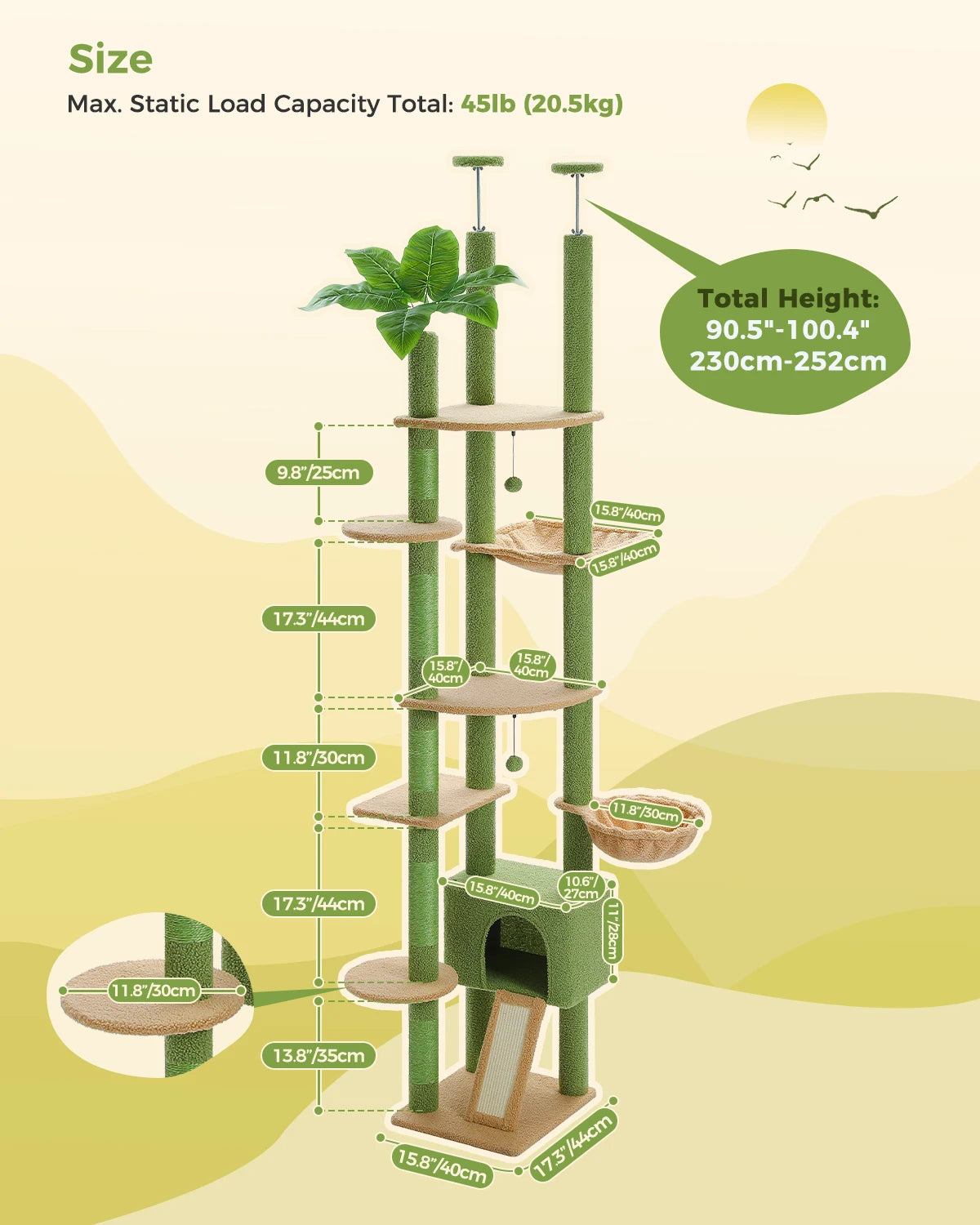 Cactus Cat Tree Floor to Ceiling Cat Tower with Sisal Scratching Post, Comfortable Hammock for Multi-Cat Homes